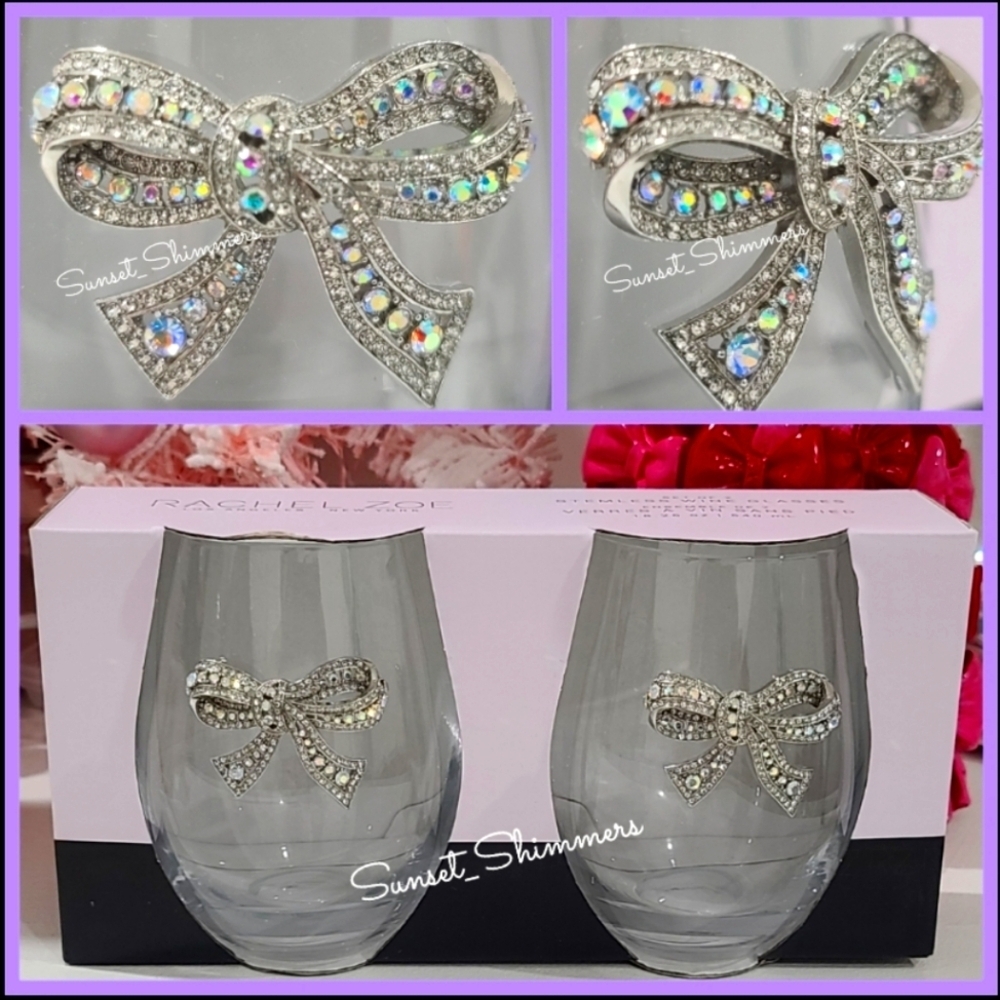 Rachel Zoe Rhinestone Coquette Bow Chic Stemless Wine Sangria Glass Set New